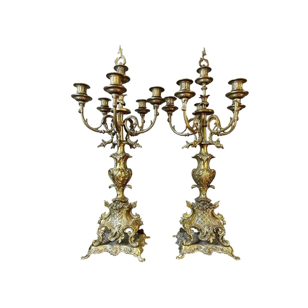 Grand-sized Brass Rococo Candelabra Pair 28in Baroque 6 Arm Candle Holders